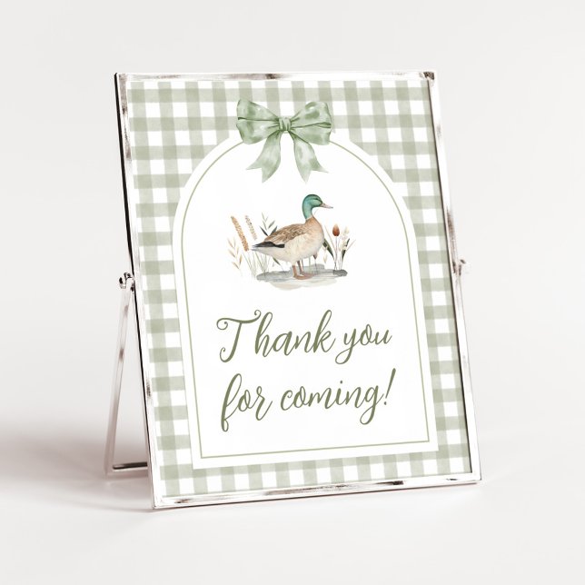 Gingham Mallard Duck Baby Duck Danke, dass Sie unt Poster (Sage Green Gingham Mallard Duck Hunting Country Baby Shower Sign)