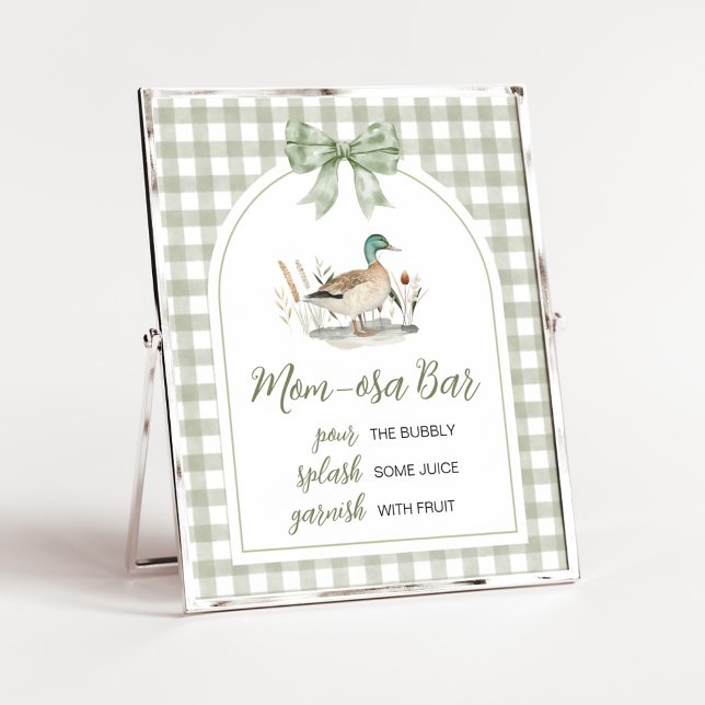 Gingham Mallard Duck Baby Duck Mama Osa Bar Sign Poster (Sage Green Gingham Mallard Duck Hunting Country Baby Shower Sign)