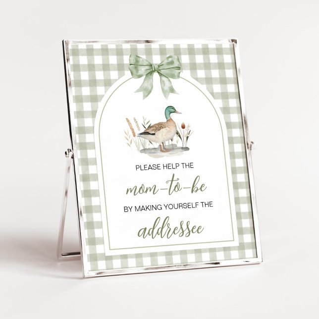 Gingham Mallard Duck Baby Envelope Station Zeichen Poster (Sage Green Gingham Mallard Duck Hunting Country Baby Shower Sign)
