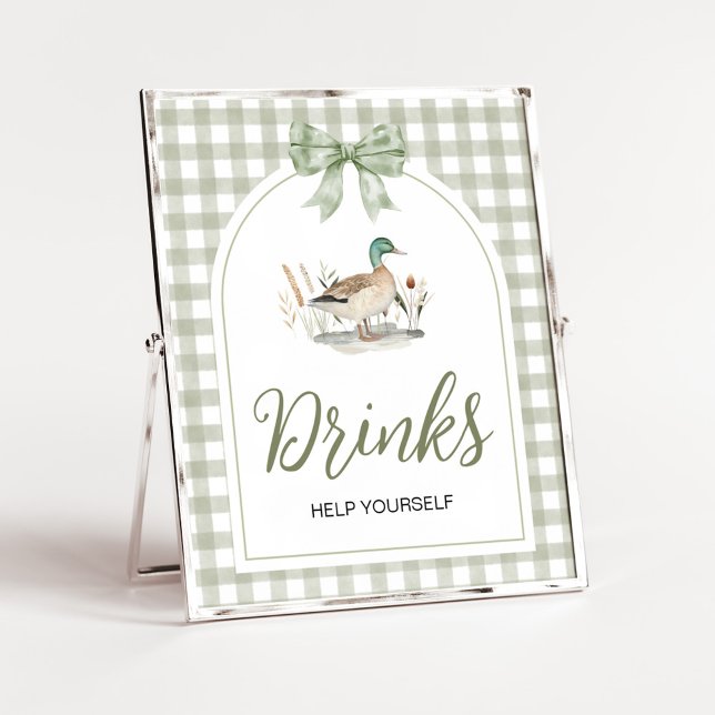 Gingham Mallard Duck Baby Shower Drinks Unterschri Poster (Sage Green Gingham Mallard Duck Hunting Country Baby Shower Sign)