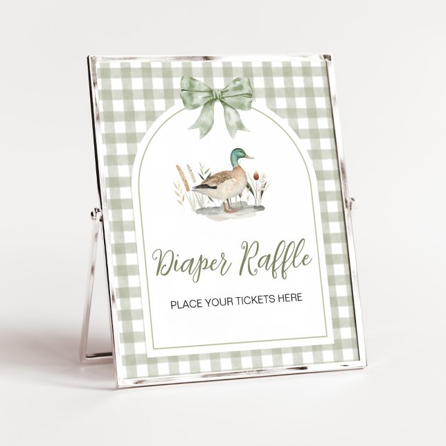 Gingham Mallard Duck BabyShower Windel Raffle-Zeic Poster (Sage Green Gingham Mallard Duck Hunting Country Baby Shower Sign)