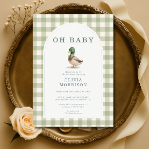 Gingham-Mallarden-Enten-Sage-Grün-Baby-Party Einladung