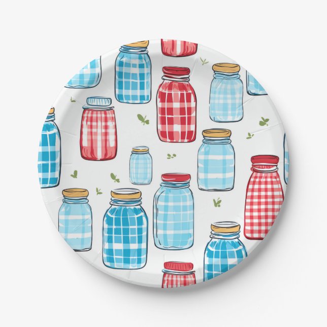Gingham Mason Jar Pattern – Country Kitchen Charm Pappteller (Vorderseite)