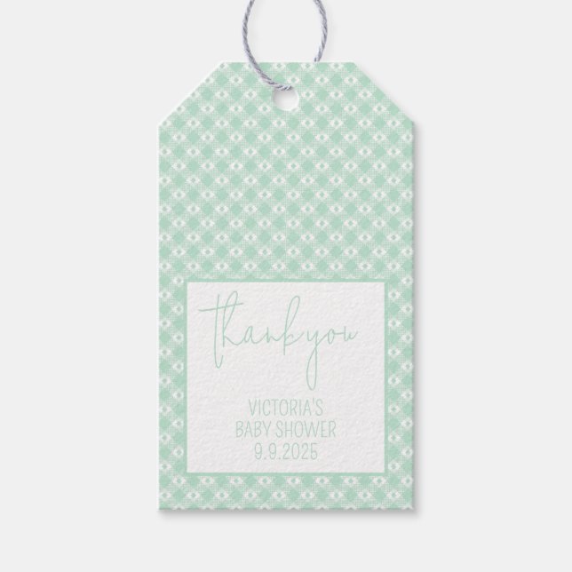 Gingham Mint Green Gender Neutral Baby Shower Geschenkanhänger (Vorderseite)