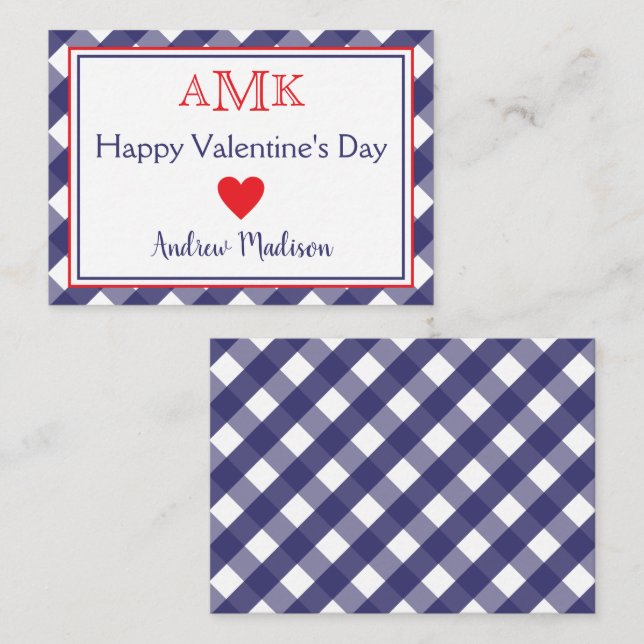 Gingham Monogram Valentine's Classroom Cards Mitteilungskarte (Vorne/Hinten)