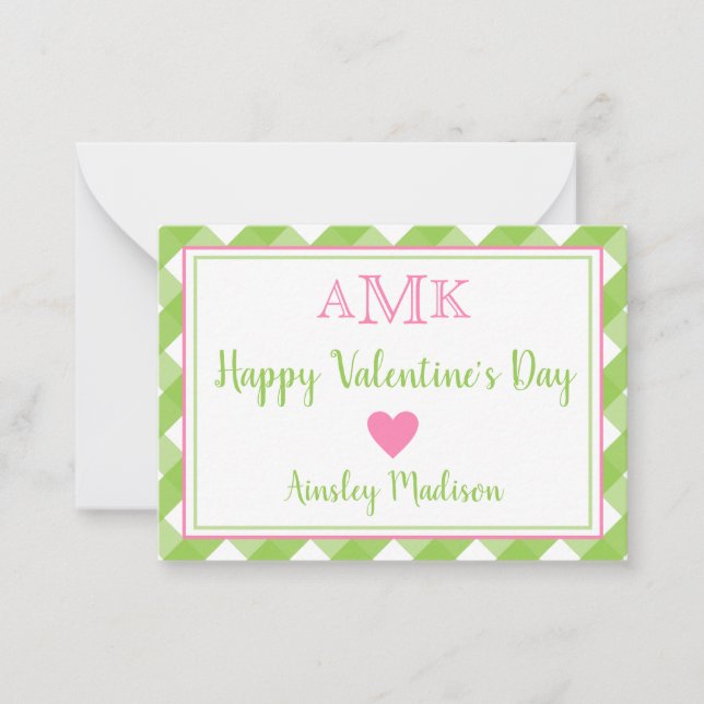 Gingham Monogram Valentine's Classroom Cards Mitteilungskarte (Vorderseite)