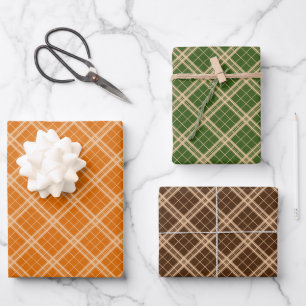 Gingham-Muster auf Waldgrün Orange Dunkelbraun Geschenkpapier Set