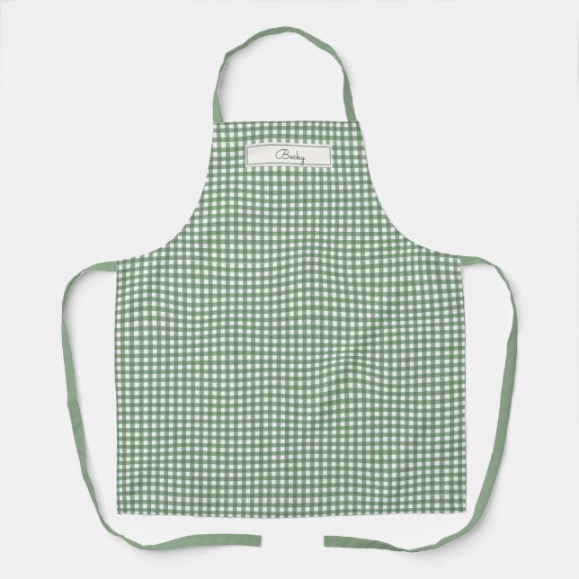 Gingham-Muster in Grün mit Namen Schürze (Vorderseite)