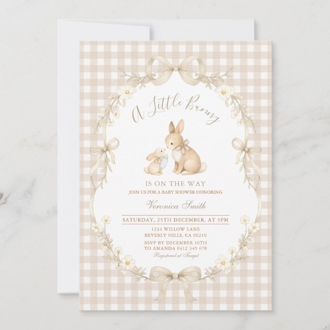 Gingham Neutral Bunny Baby Shower Invitation Einladung (Vorderseite)