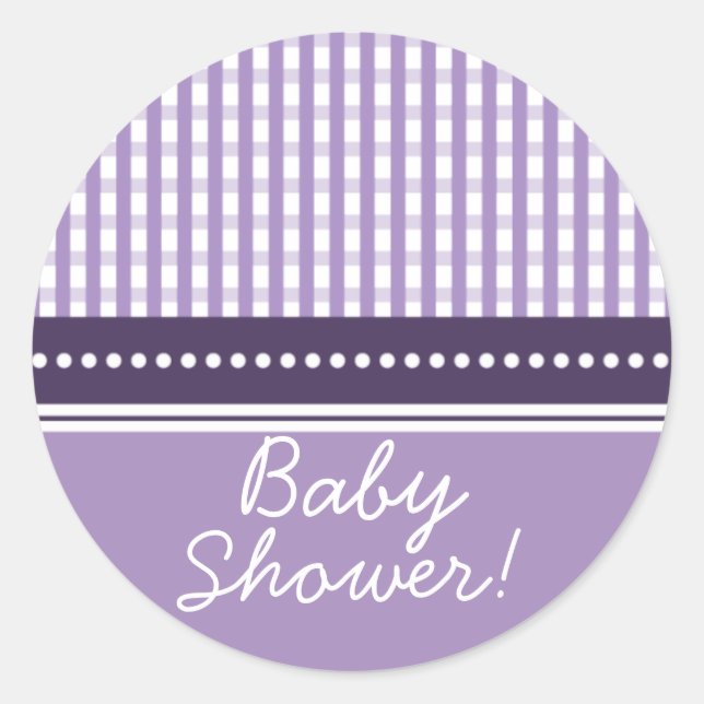 Gingham New Baby| Babyduschenaufkleber: Lilac Runder Aufkleber (Vorderseite)