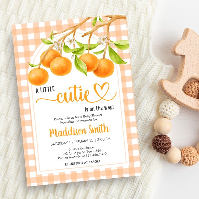 Gingham Orange Baby Shower Einladung (Little Cutie Orange Baby Shower Invitation)