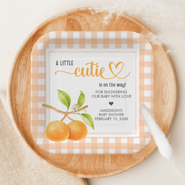 Gingham Orange Baby Shower Pappteller (Little Cutie Orange Baby Shower Paper Plate)