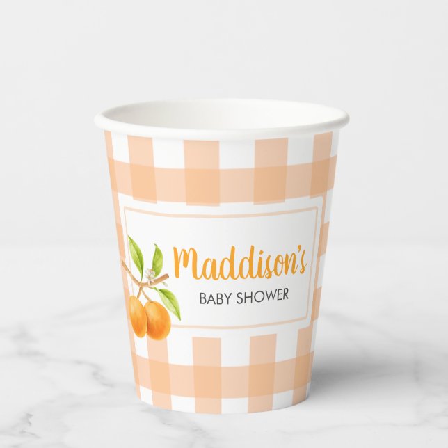 Gingham Orange Babyparty Pappbecher (Vorderseite)
