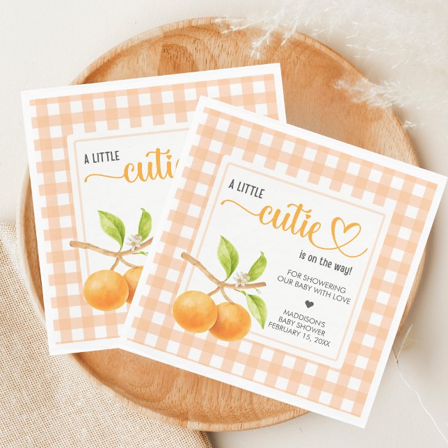 Gingham Orange Babyparty Serviette (Little Cutie Orange Baby Shower Napkin)