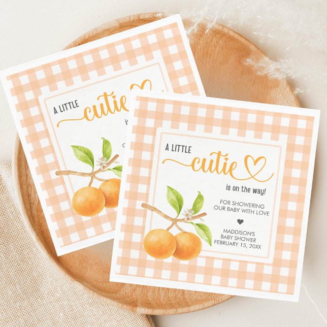 Gingham Orange Babyparty Serviette (Little Cutie Orange Baby Shower Napkin)