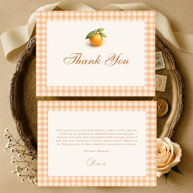 Gingham Orange Little Cutie Baby Shower Dankeskarte (Von Creator hochgeladen)