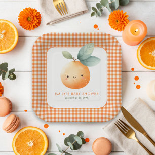Gingham Orange Mädchen Little Cutie Baby Shower Pappteller