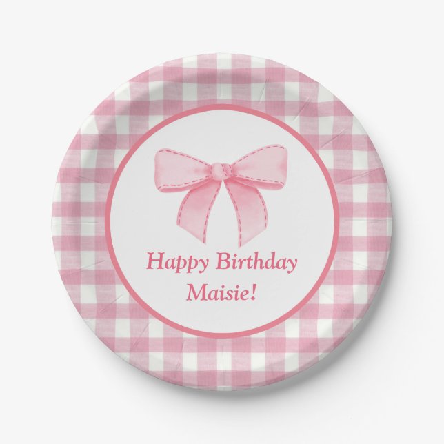 Gingham-Papierplatte mit rosa Schleife  Pappteller (Vorderseite)