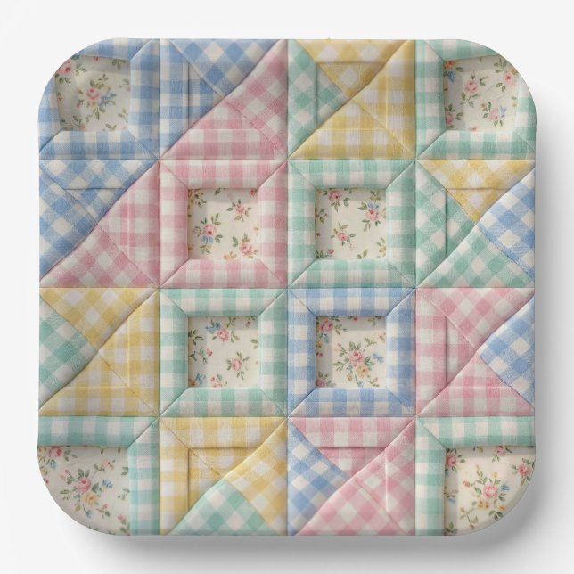 Gingham-Patchwork-Quilt-Muster Pappteller (Vorderseite)