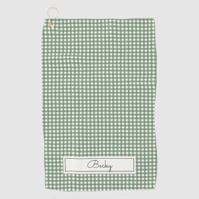 Gingham Pattern auf Grün mit Namen Golfhandtuch (Vorderseite)