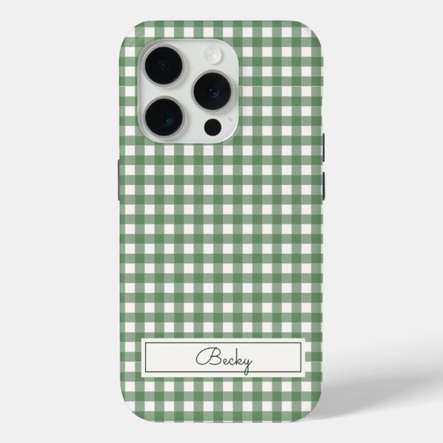 Gingham Pattern in Green with Name Case-Mate iPhone Hülle (Rückseite)