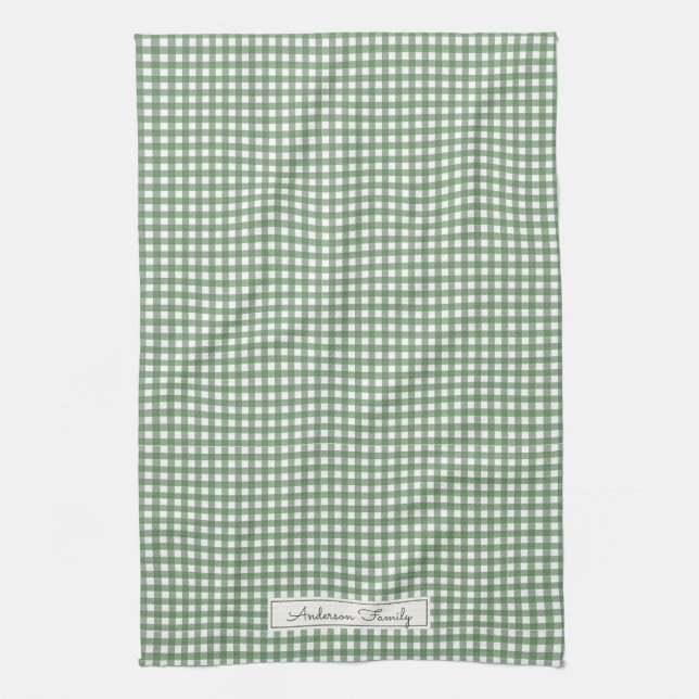 Gingham Pattern in Green with Name Geschirrtuch (Vertikal)