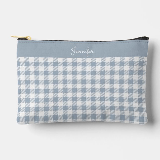 Gingham Pattern Plaid Preppy Check Blue White Name Zubehörtasche (Vorderseite)