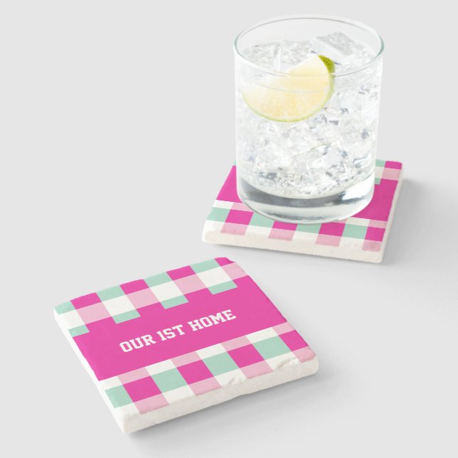 Gingham Pattern Unsere 1. Zuhause Steinuntersetzer (Seitenansicht)