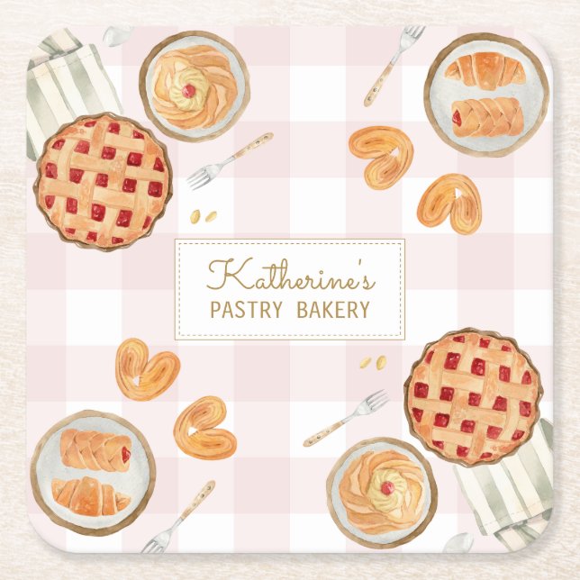 Gingham Pattern Watercolor Pastries Backbäckerei Rechteckiger Pappuntersetzer (Vorderseite)