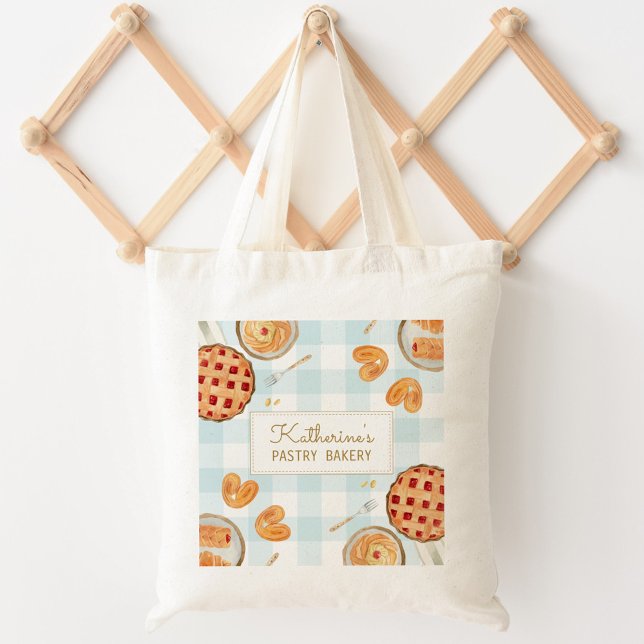 Gingham Pattern Watercolor Pastries Backbäckerei Tragetasche (In situ)
