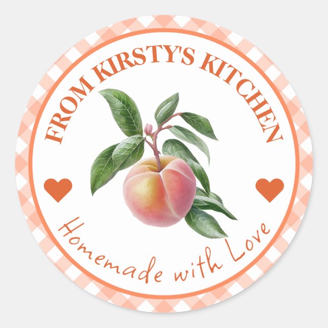 Gingham Peach Label für Wasserfarben Runder Aufkleber (Vorderseite)