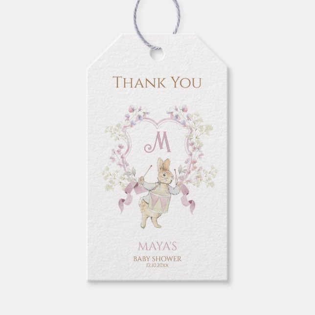Gingham Peter die Rabbit Pink Monogram Baby Dusche Geschenkanhänger (Vorderseite)