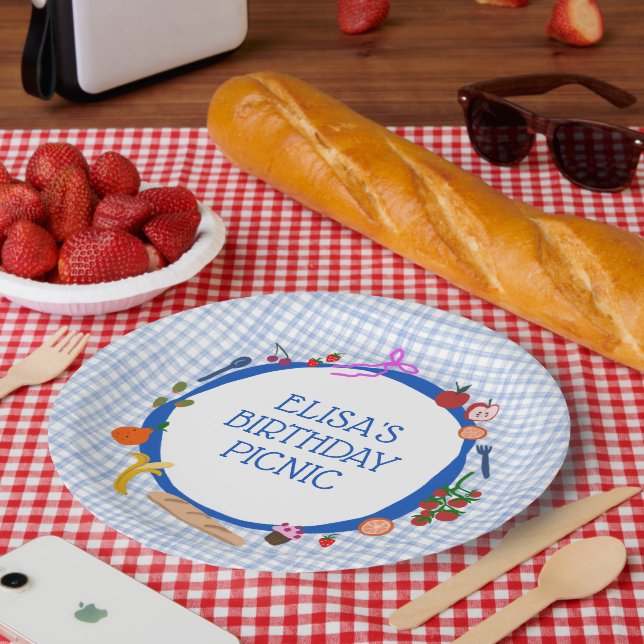 Gingham-Picknick Moderne Geburtstagsfeier CUSTOM Pappteller (Picknick)