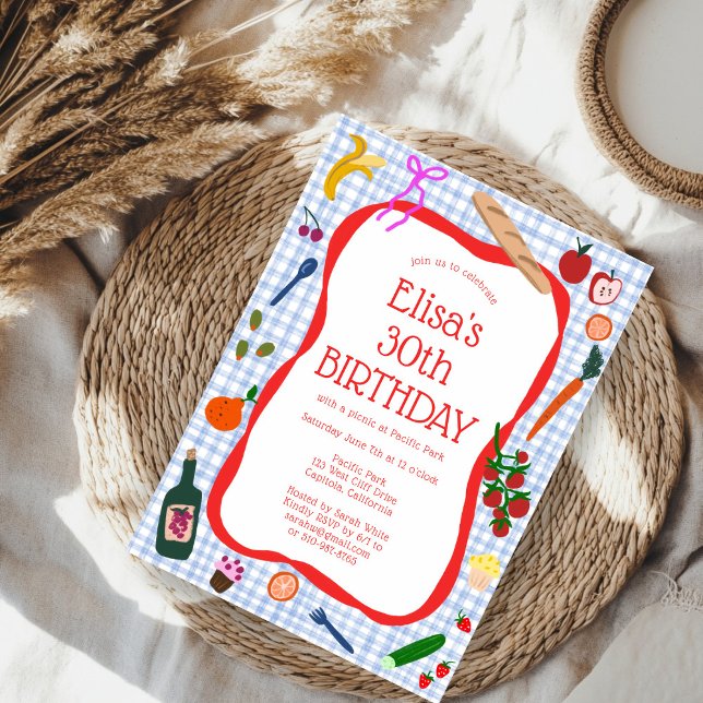 Gingham Picnic Modern Cute CUSTOM BIRTHDAY PARTY Einladung (Gingham Picnic Modern Cute CUSTOM BIRTHDAY PARTY Invitation
)