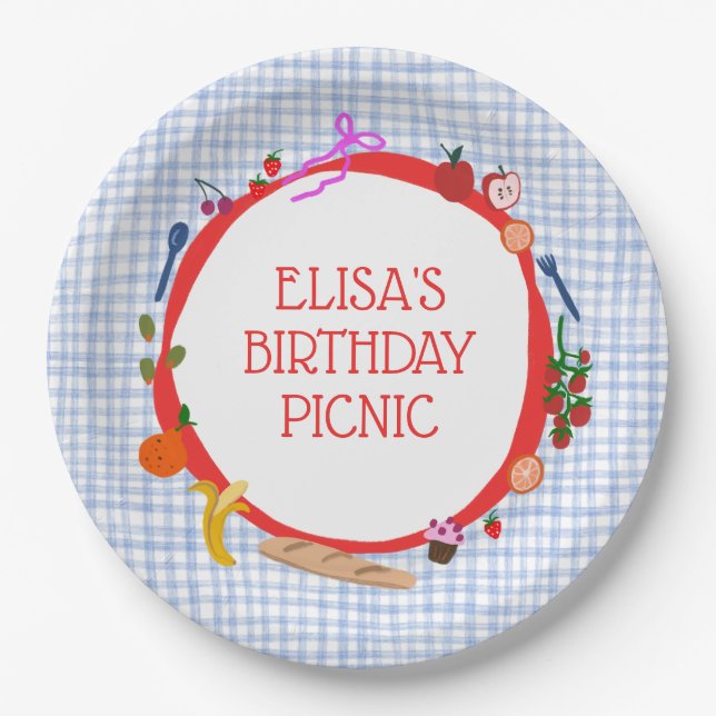 Gingham Picnic Modern Cute CUSTOM BIRTHDAY PARTY Pappteller (Vorderseite)