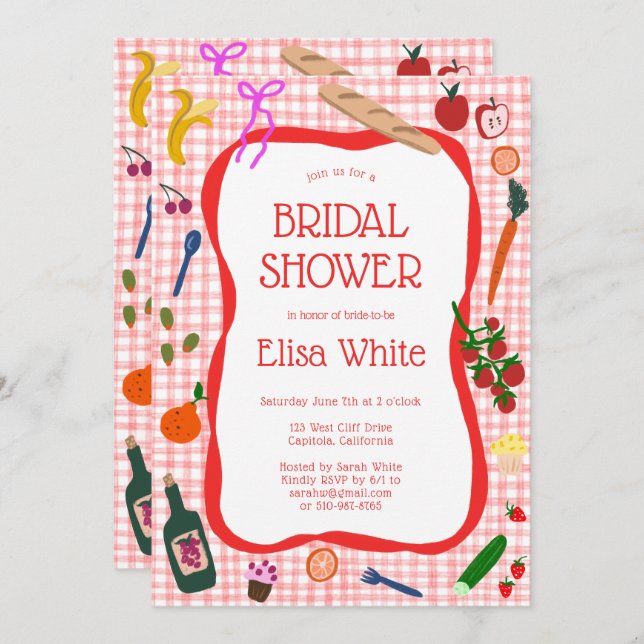 Gingham Picnic Modern Niedliches CUSTOM QR Brautpa Einladung (Vorne/Hinten)