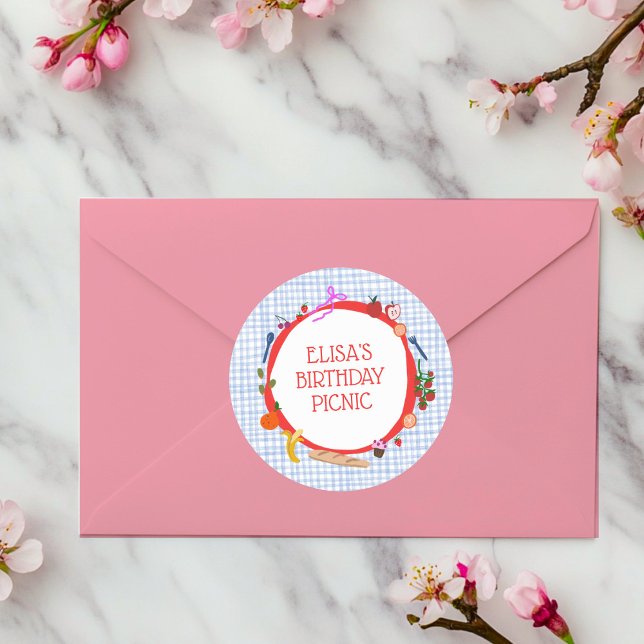 Gingham Picnic Moderne Niedliche CUSTOM BIRTHDAY P Runder Aufkleber (Gingham Picnic Modern Cute CUSTOM BIRTHDAY PARTY Classic Round Sticker
)