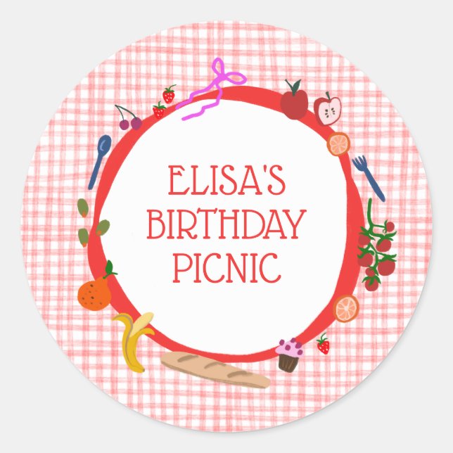 Gingham Picnic Moderne Niedliche CUSTOM BIRTHDAY P Runder Aufkleber (Vorderseite)