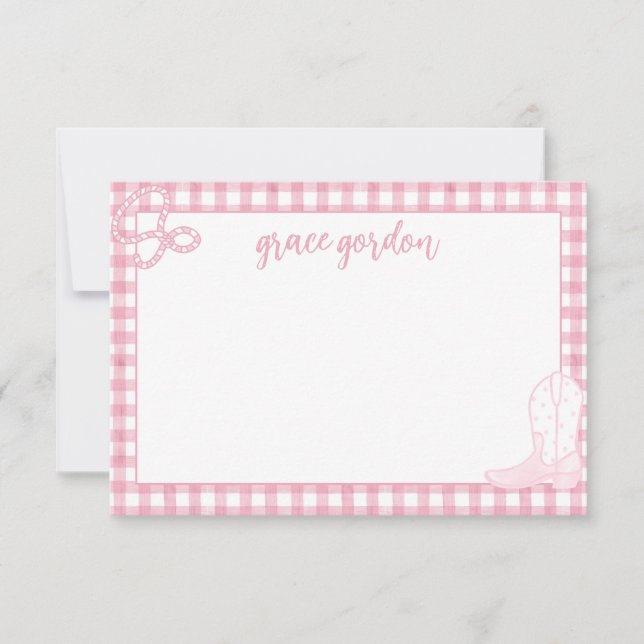 Gingham Pink Boot Girls Stationery Danke Karte (Vorderseite)