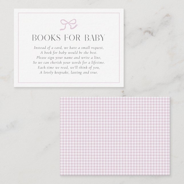 Gingham Pink Bow Baby Girl Baby Showbücher für B Visitenkarte (Vorne/Hinten)