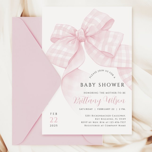 Gingham Pink Bow Baby Shower Einladung (Von Creator hochgeladen)