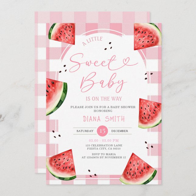 Gingham Pink Bow Watermelon Baby Shower Einladung (Vorne/Hinten)