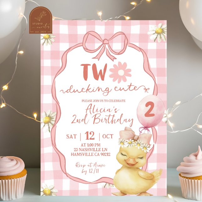 Gingham Pink Daisy Yellow Duck 2nd Birthday Einladung (Von Creator hochgeladen)
