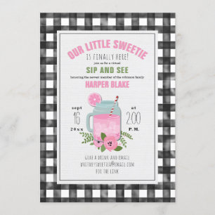 Gingham Pink Lemonade Baby Girl Virtual Sip & See Einladung