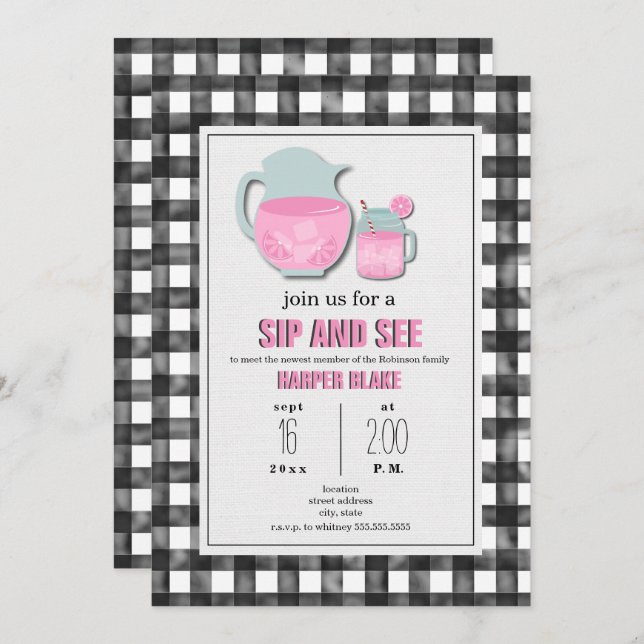 Gingham Pink Lemonade Sip & See Baby Einladung (Vorne/Hinten)