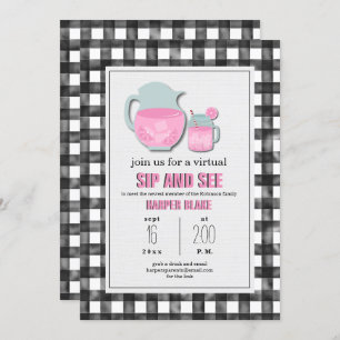 Gingham Pink Lemonade Virtual Sip & See Baby Einladung