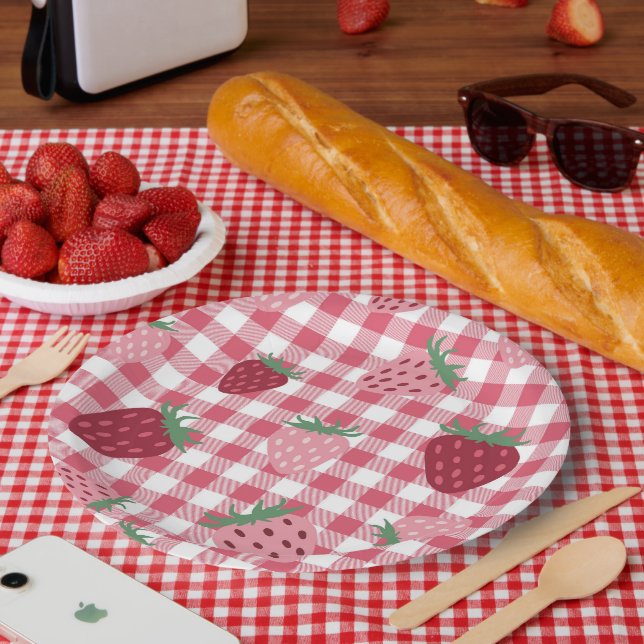 Gingham Pink & Red Strawberry Berry Pappteller (Picknick)