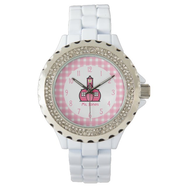 Gingham & Pink Schoolhouse Teacher Watch Armbanduhr (Vorderseite)