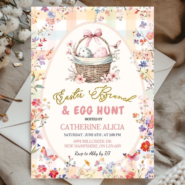Gingham Pink Wildflower Easter Egg Hunt and Brunch Einladung (Von Creator hochgeladen)