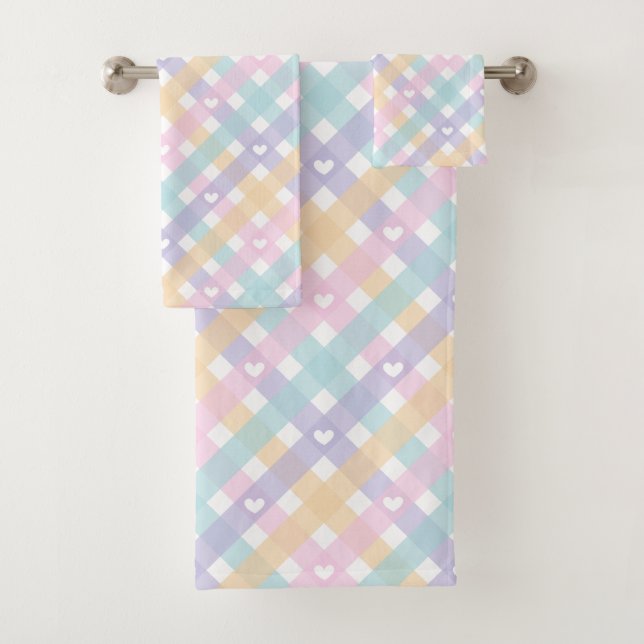Gingham Plaid Hearts Pastel Colors Badhandtuch Set (Insitu)